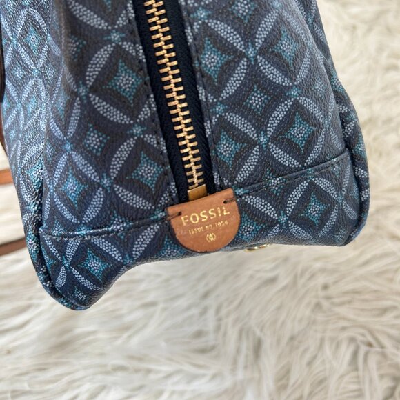 Fossil Satchel Bag Faux Leather Blue Diamond Print Crossbody and Handles - Picture 4 of 6